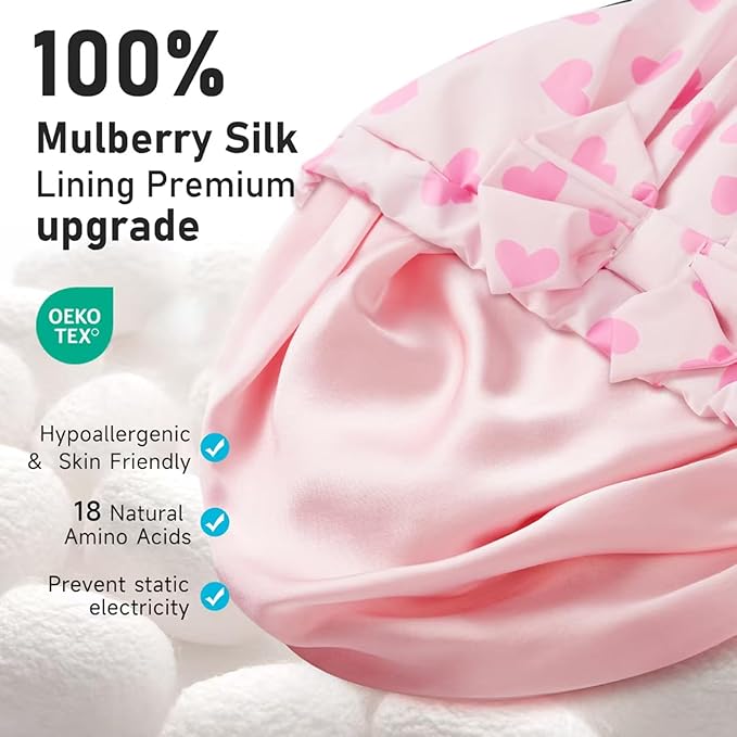 LitBear Luxury Silk Lined Shower Caps for Women Reusable Waterproof, Double Layered Large Bathing Hair Cap with Adjustable Elastic Strap, Non-slip, Quick-dry, for Long Short Hair, Pink Heart