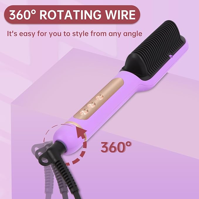 Negative Ionic Hair Straightener Brush with 9 Temp Settings, 30s Fast Heating Hair Straightening Comb with LED Display, Anti-Scald & Auto-Shut Off Hair Brush Straightener for Women (Purple)