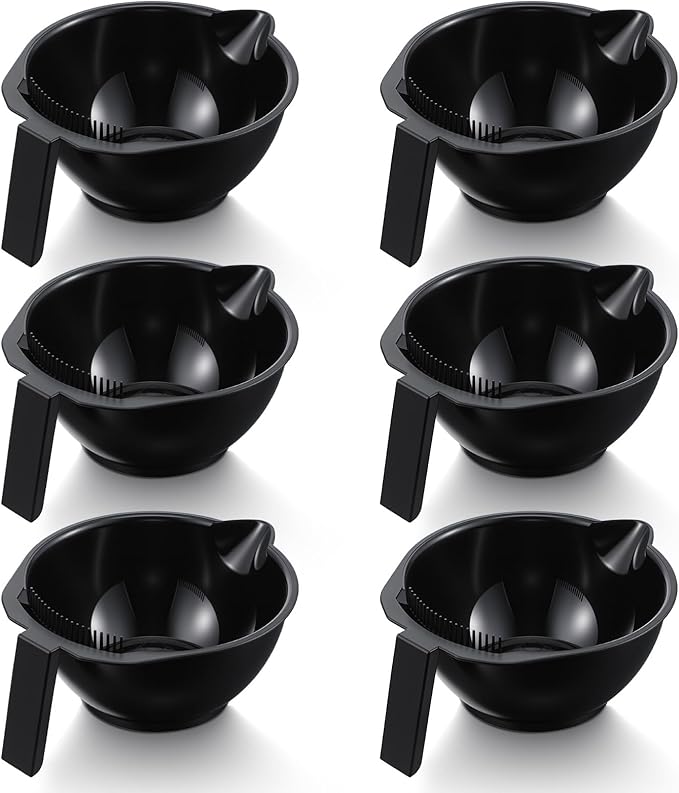 Hair Dye Bowl Set - 6 Black Hair Color Mixing Bowls with Measurements, Pour Spout, Handle & Combed Edge - Reusable Salon Hair Coloring Bowls for Professional or Home Use ﻿