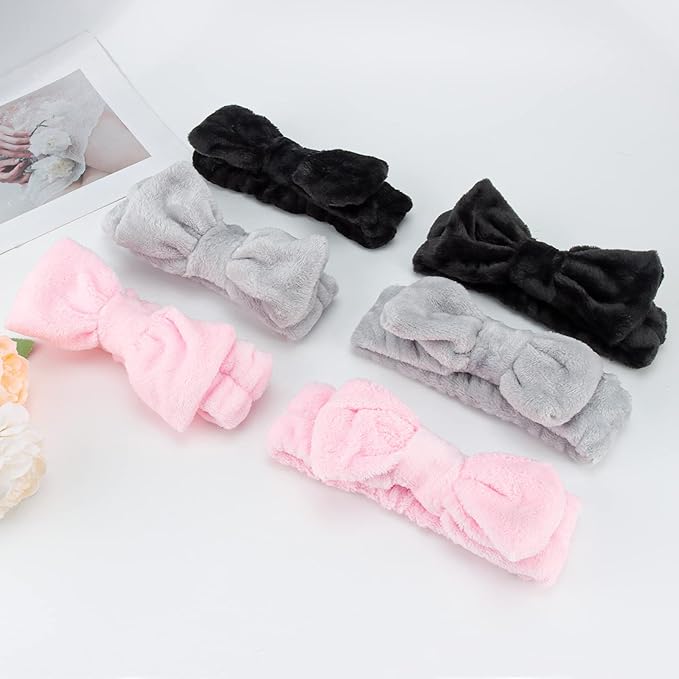 6 Pcs Fluffy Spa Headbands with Bow Style, Soft Coral Fleece for Face Washing, Makeup, Shower, and Yoga