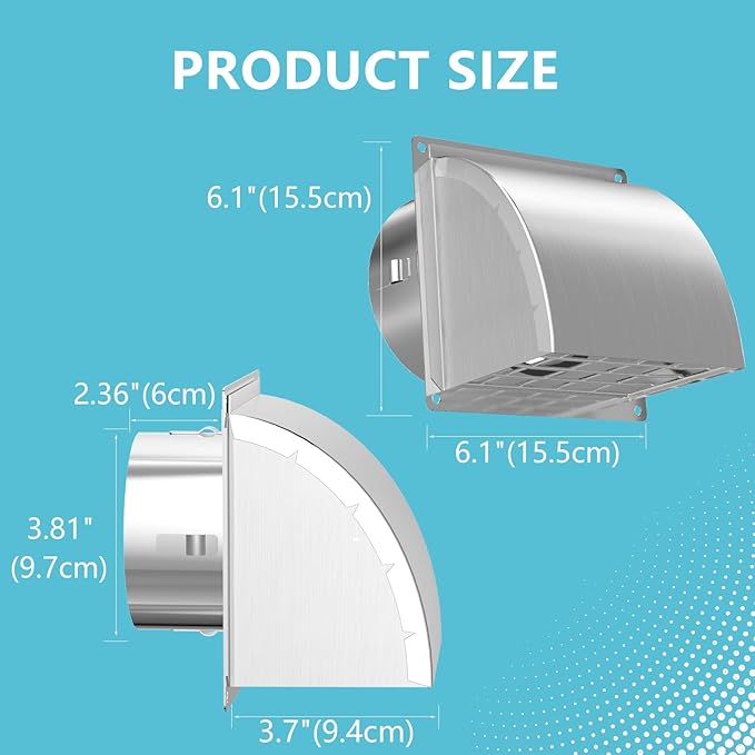 4 Inch Dryer Vent Cover Outside, HG Power Exterior Vent Cover with Removable Screen & Cushioned Non-Return Flap, Stainless Steel Air Wall Vent for House, Range Hood, AC, Opening Diameter: 3.81" Silver