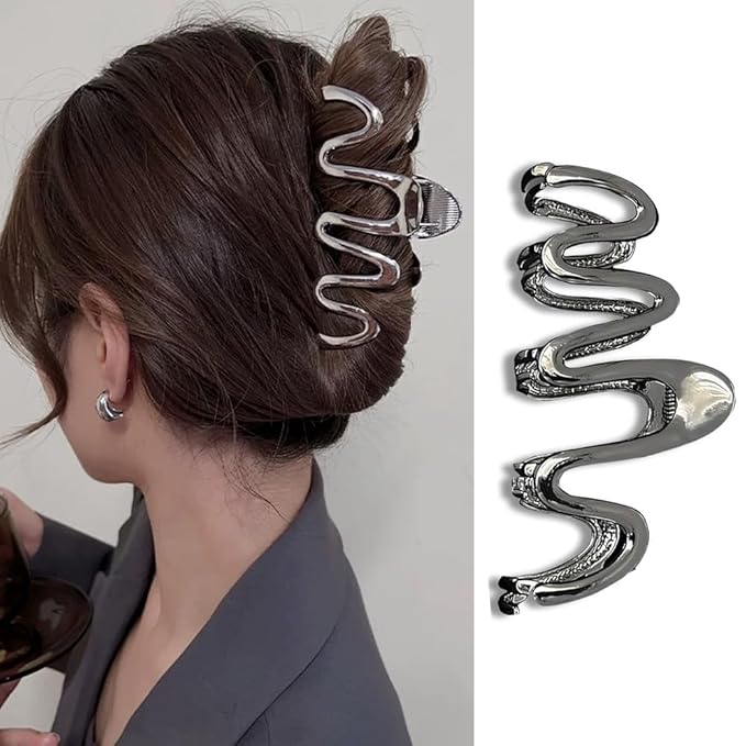 1 Pack Hair Claw Clips for Thick Long Hair, Black Metal Wave with Design Big Jaw Clamps Hair Accessories for Women, Fashion Elegant Wavy Hairgrip No-crease Hair Clips Styling Tools Birthday Gifts