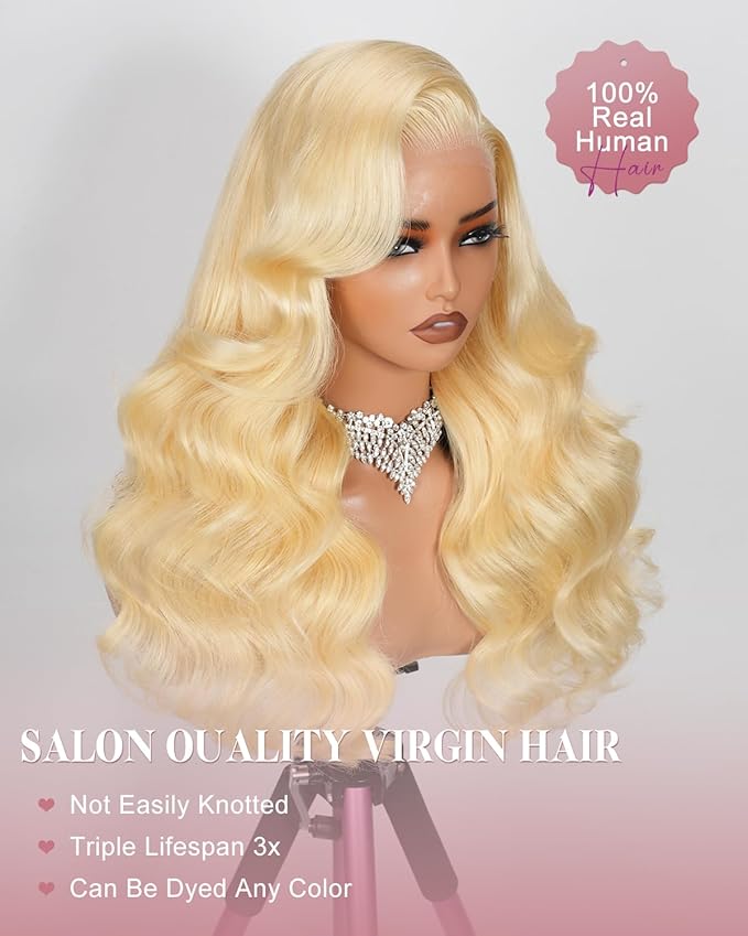 32 Inch 613 13x6 Lace Front Wig Human Hair 180 Density Blonde Wig Human Hair Body Wave 100% Real Human Hair True Length Random Dyeing No Shedding No Synthetics Triple Lifespan 3X