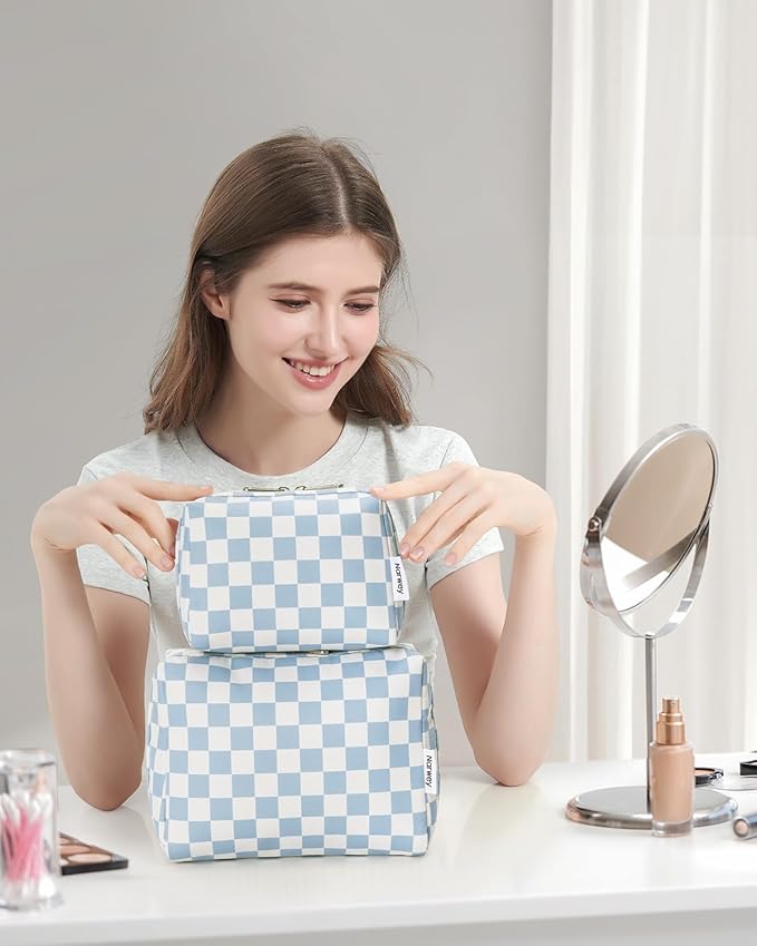 Narwey Small Checkered Makeup Bag for Purse Mini Cosmetic Bag Travel Makeup Pouch Zipper Pouch Cute Make up Bags with Compartments for Women Girls(Small,Sky Blue Checkerboard)