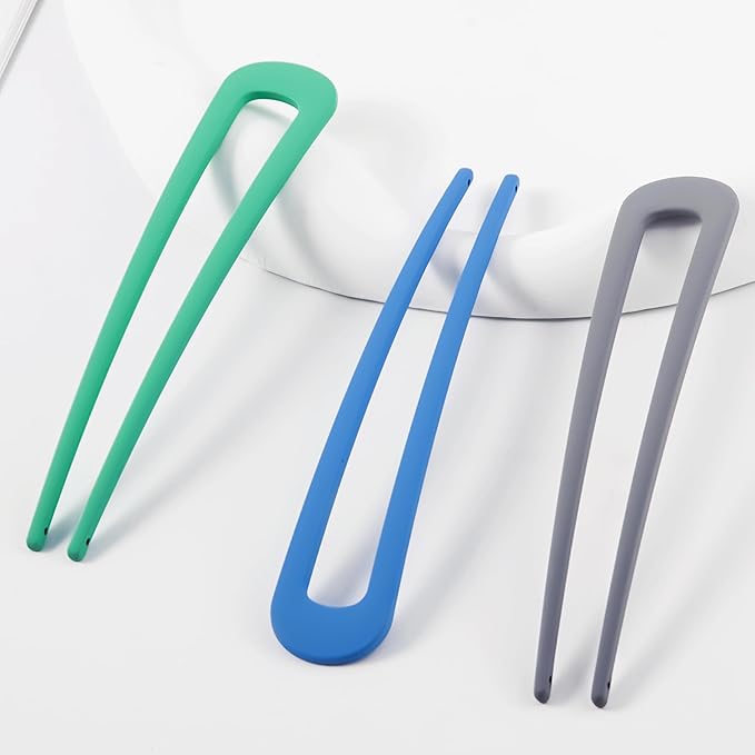 6Pcs Metal French Hair Pins for Women U Shape Sticks 3.9 Inch Vintage Fork for Hairstyle Accessories(Blue/Green/Grey）