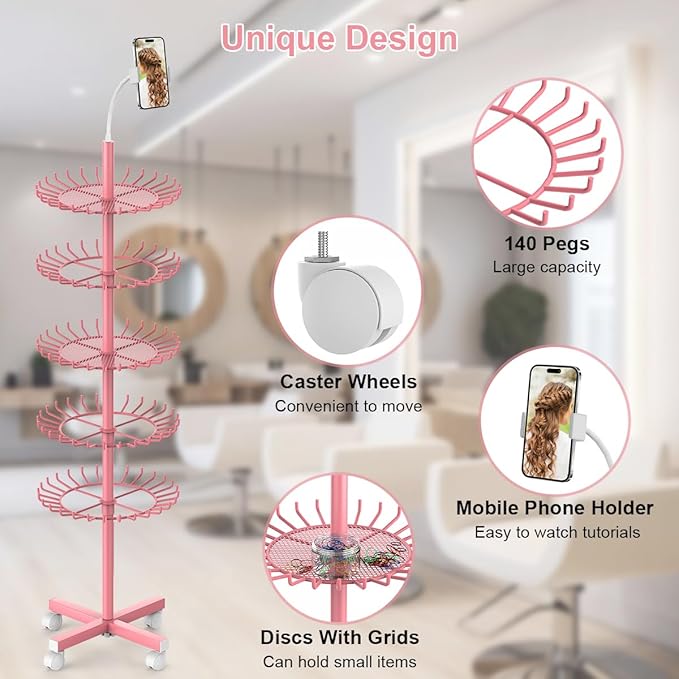 Braiding Hair Rack Standing Hair Extension Holder - 140 Pegs Braiding Hair Rack & Divider Stand with Phone Holder for Displaying and Separating Hair (Pink)