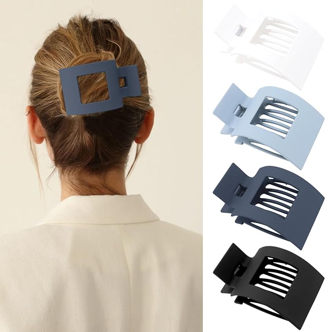 Velscrun Flat Hair Clips for Women Girls, Matte Lay Flat Claw Clips, Strong Hold Large Hair Clip for Thick or Thin Hair, French Duck Billed Hair Jaw Claw Clip, Non Slip Grip for Daily Styling Blue