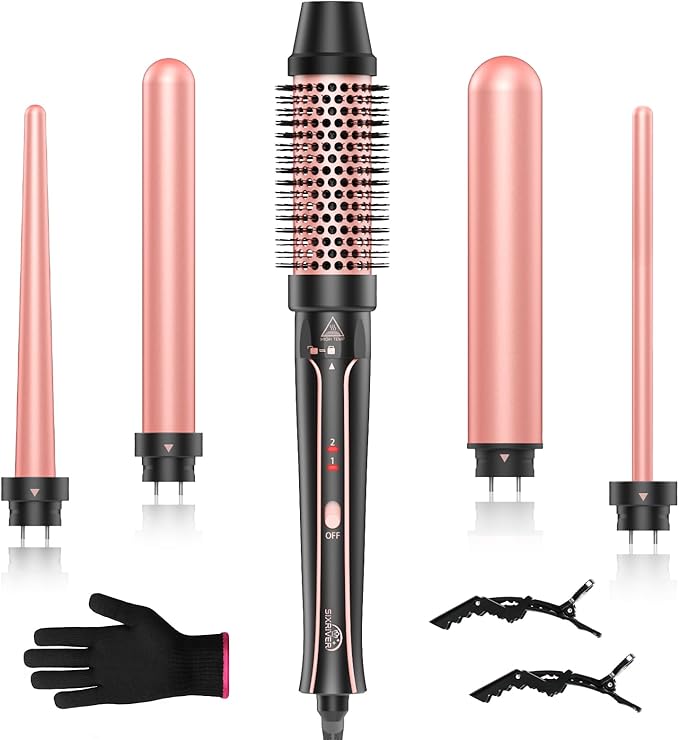 5 in 1 Curling Iron, Sixriver Hair Curling Wand Set with Curling Thermal Brush&4 Interchangeable Ceramic Curling Wand(0.4”-1.25”), Long Lasting Curls, Fast Heating Hair Wand Curler with Glove&2 Clips