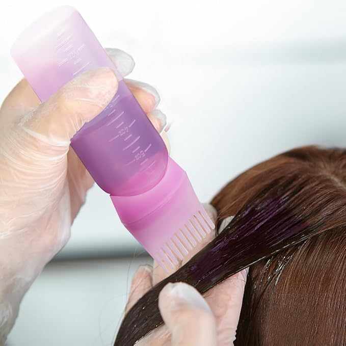 ELANE 4 Pcs Root Comb Applicator Bottle 6oz,Hair Oil Applicator Bottle for Hair,Oil Comb Applicator Hair Bottle Applicator for Hair Dye Shampoos Hair Salons Camping Traveling(purple+pink)