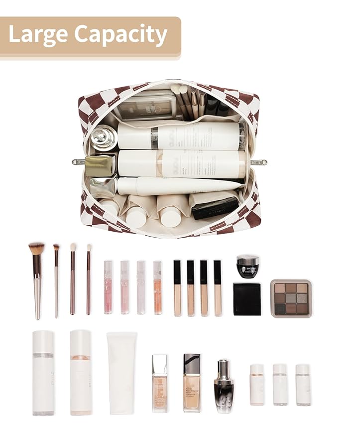 Narwey Checkered Makeup Bag Travel Cosmetic Bag Organizer Toiletry Bag Make Up Bags with Compartments for Women Girls (Large, Dark Checkerboard)