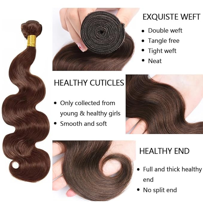 Brown Body Wave Bundles Human Hair Chocolate Brown Bundle Niegmeag Brazilian Virgin Remy Hair 3 Bundles 14 16 18 Inch Color 4 Body Wave Bundle Double Weft Hair Weave