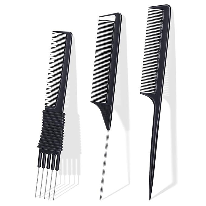 TsMADDTs Rat Tail Combs for Women and Men, 3PCS Hair Combs Set for Braiding, Parting, Styling, Fine Tooth, Black