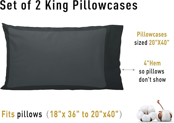 Sunflower King Pillowcases Set of 2, 100% Cotton King Size Pillow Cases 2, 20×40 inches Black, Soft and Breathable