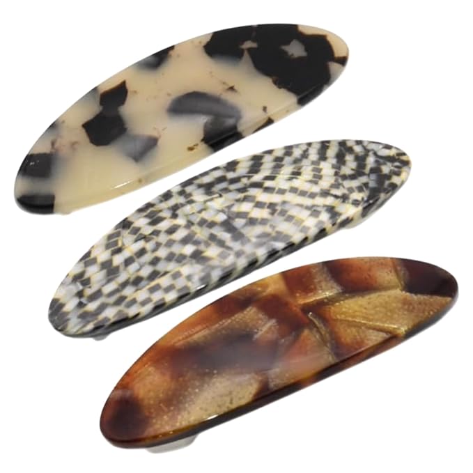 French Amie Oval Mini Opera White Tokyo Amber Brown Set of 3 Handmade Celluloid Hair Clip Barrette for Girls (2.5 inch)