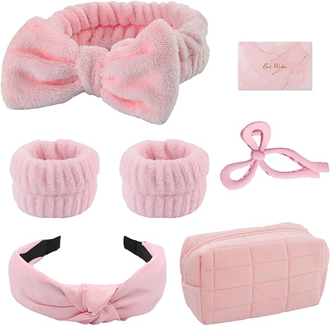 Skincare Face Wash Spa Headband and Wristband Set Top Knotted Headbands Big Hair Claw Clips Butterfly Hair Accessories Quilted Makeup Bag Blank Cards Gifts for Women and Teen Girl Gifts Trendy Stuff