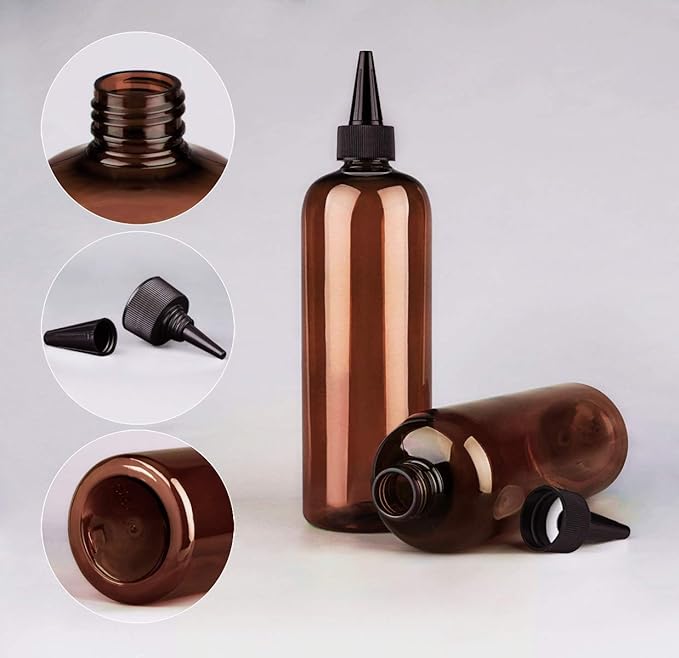 Amber Squeeze Hair Color Applicator Bottle 16 Ounce for Hair, PET Plastic Refillable With Twist Top Cap - 2 Pack, Brown