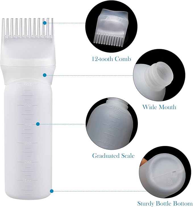 Cosywell Root Comb Applicator Bottle 6 Ounce 3 Pack Hair Oiling Bottle Hair Dye Applicator Brush for Hair Root Comb Color with Graduated Scale(White Blue Green)
