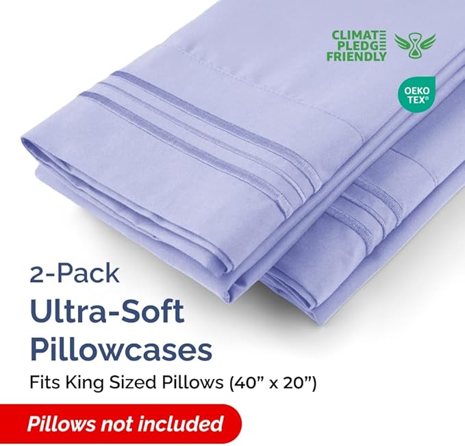 King Pillow Cases Set of 2 - Ultra Soft Hotel Quality Pillowcase Covers - Comfy, Cozy & Wrinkle Free - Shrinkage, Stain and Fade Resistant - Machine Washable Pillow Protectors - 2 Piece Set - Lavender