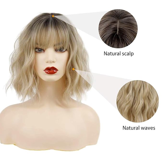 MISSQUEEN Short Blonde Wig with Bangs Synthetic Wavy Blonde Bob Wig Curly Heat Resistant Ombre Blonde Hair Wig for Women Daily Party Halloween Use