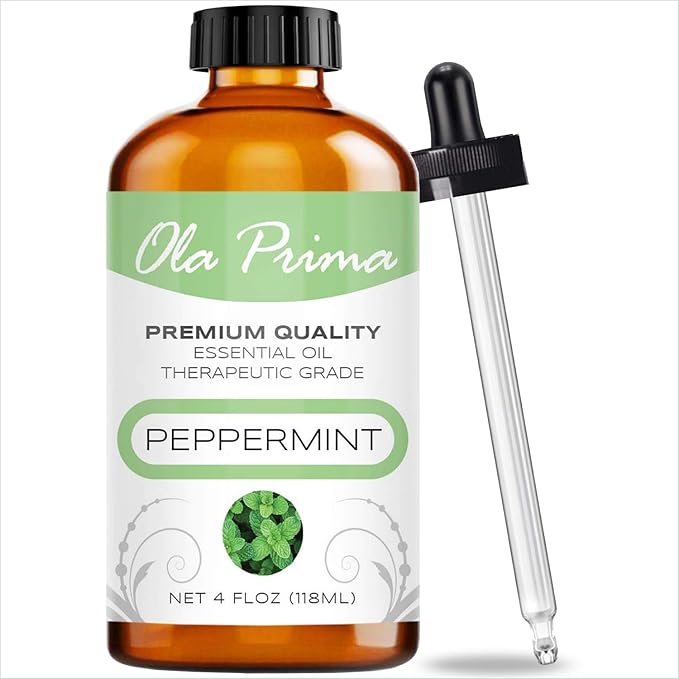 Ola Prima Peppermint Essential Oil for Hair, Skin, Diffuser – 4oz (118ml) Glass Bottle with Dropper