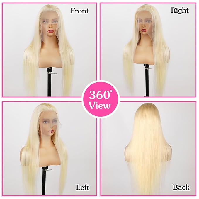 613 13x6 Lace Front Human Hair Wig - 24 Inch Straight, 200 Density, HD Transparent Lace, Blonde for Women