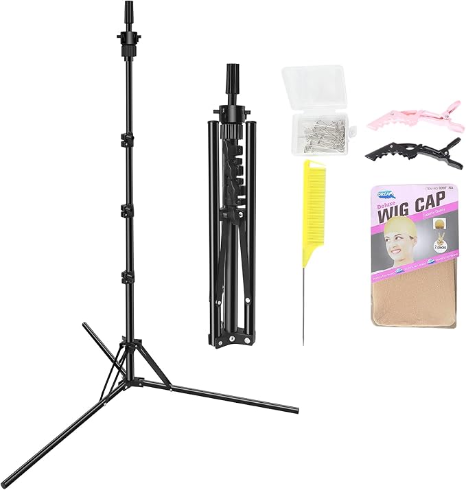 Mannequin Head Stand, Upgrade Foldable Wig Stand Tripod for Cosmetology Hairdressing Training, Metal Adjustable Wig Head Stand with Wig Caps, T-Pins, Comb, Hair Clips