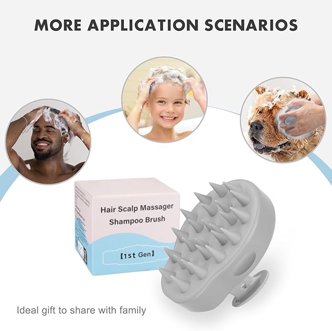 FREATECH Massager Shampoo Brush with Soft Silicone Bristles for Scalp Care, Shower Hair Scalp Scrubber Exfoliator for Dandruff Removal and Hair Growth, Wet & Dry for Men, Women and Kids, Grey