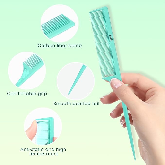2Pcs Rat Tail Comb Parting Combs for Women, Fine Tooth Parting Tip Carbon Fiber Root Teasing Anti Static Hair Comb for Styling (Green,Black)