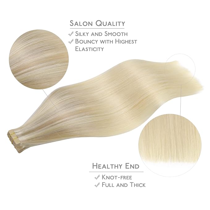 WENNALIFE Tape in Hair Extensions Human Hair, 20pcs 16 inch 50g Ash Blonde to Golden Blonde and Platinum Blonde Remy Tape Hair Extensions Real Human Hair Tape Extensions Coloured Hair Extensions