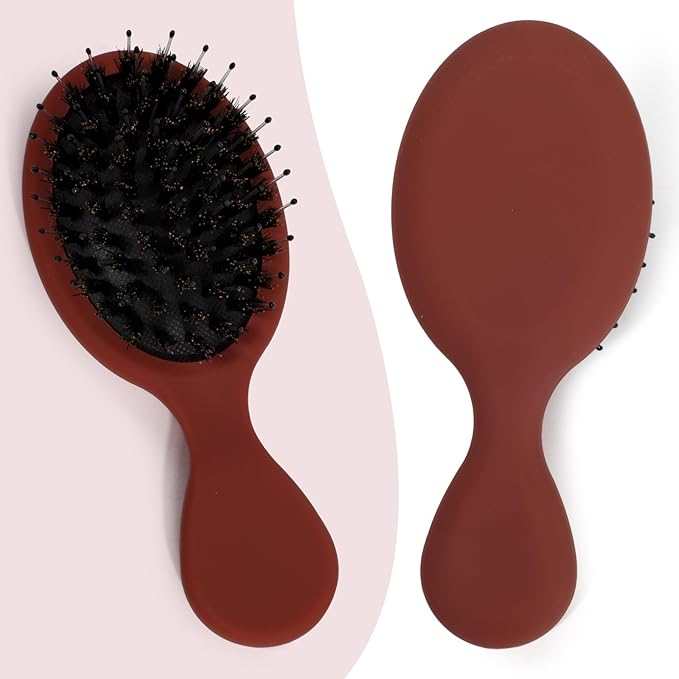 Mini Boar Bristle Hair Brush - Boar & Nylon Bristle Small Brush for Women Kids Long Short Hair to Smooth Add Shine - Travel Size Hair Brush for Purse,Pocket - Red