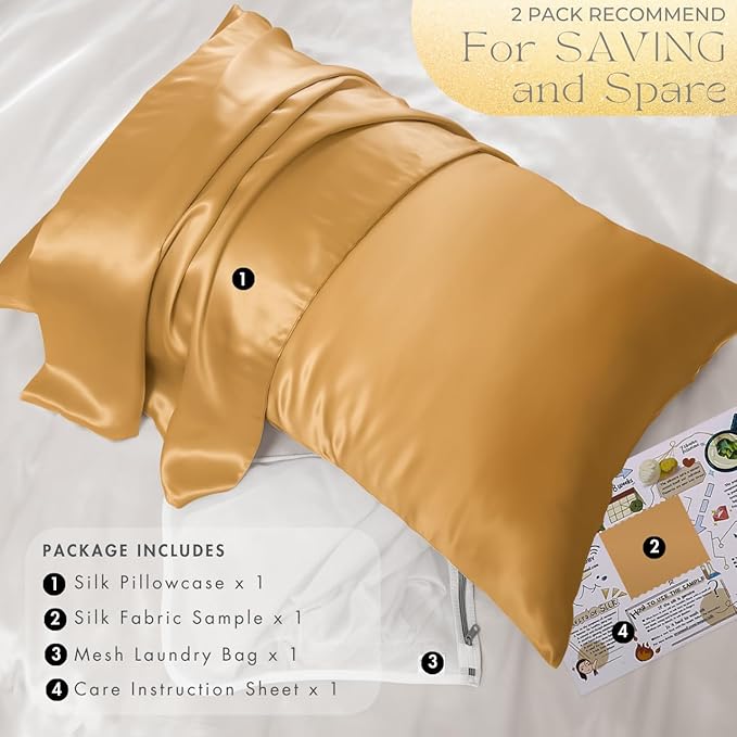 PROMEED 23 Momme Mulberry Silk Pillowcase for Hair and Skin - Both Sides Premium Natural Silk Pillow Case, Grade 6A+ Soft Cooling Pillow Cases, 1pc (Standard 20"x26", Gold)