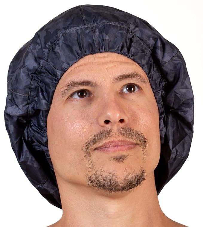 Men Shower Cap For dreadlocks, braids, curls, locs, curly Hair. Waterproof, Reusable, Large shower cap for mens hair. Terry cloth lined, elevated, sleek looking shower caps (Black Camouflage)