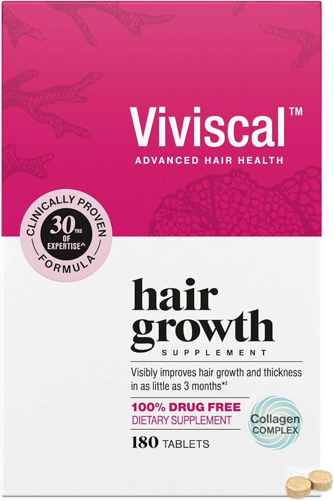 Viviscal Hair Growth Supplements for Women, Thicker Fuller Hair Support for Thinning Hair and Hair Loss, with Biotin and Marine Collagen, Drug-Free, 180 Tablets, 90-Day Supply
