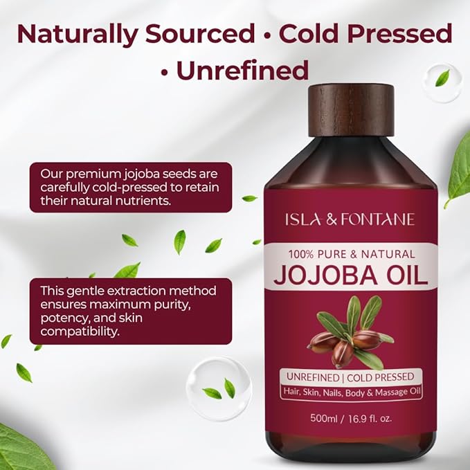 ISLA & FONTANE Jojoba Oil – 500ml (17 fl oz) | 100% Pure & Natural | Golden, Unrefined, Cold Pressed | Hexane-Free Carrier Oil for Skin, Hair, Face, Nails & Body Moisturizing
