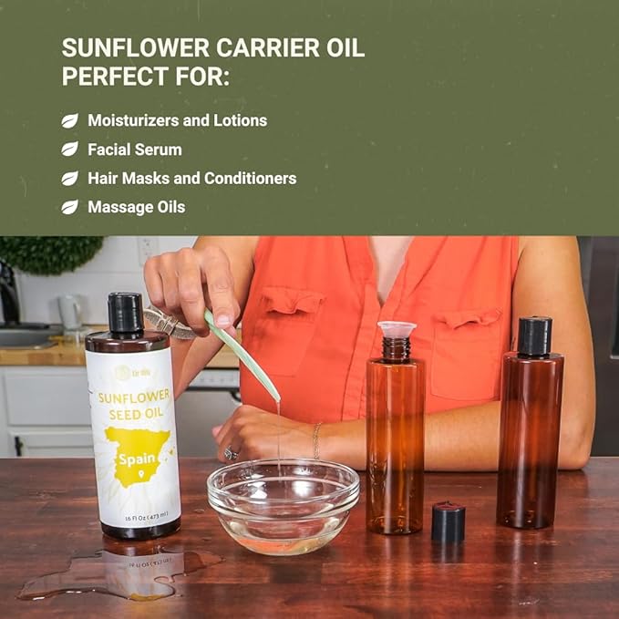 Sunflower Carrier Oil (32oz) - Direct from EIR Oils' Farmland in the Sunny Fields of Spain - 100% Pure Carrier Oil for Hair, Face, and Skin