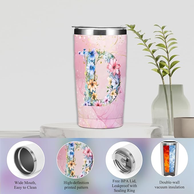 Personalized Gifts Monogrammed Birthday Gifts for Women, Boss Teacher Appreciation Christmas Initial 20 oz Tumbler, Makeup Bag Cup Ballpoint Pens Journal Notebook 6 Set, (Aesthetic Pink Flower D)