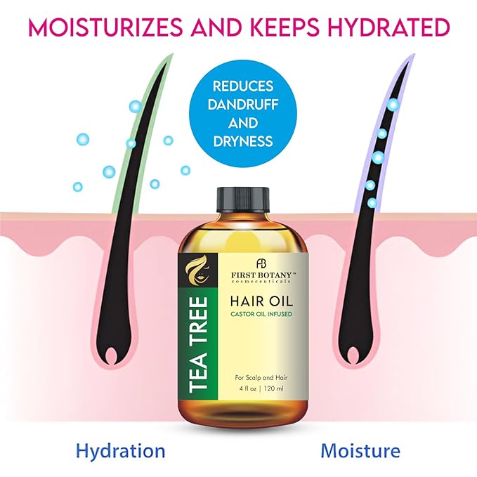 First Botany, Tea Tree Castor Oil Encourages Hair Growth, Scalp & Hair Strengthening Serum, Nourishing Treatment for Split Ends, Dry Scalp, Safe for All Hair Types, 4 fl oz