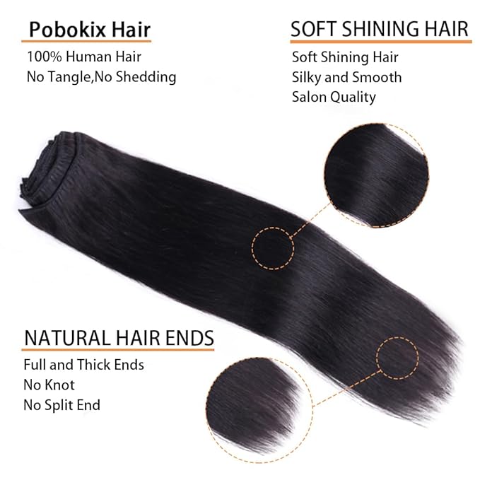 Straight Clip in Hair Extensions Real Human Hair 8Pcs Remy Human Hair Clip ins for Women, Natural Soft Silk Straight Human Hair 120g 20inch #1B Natural Black