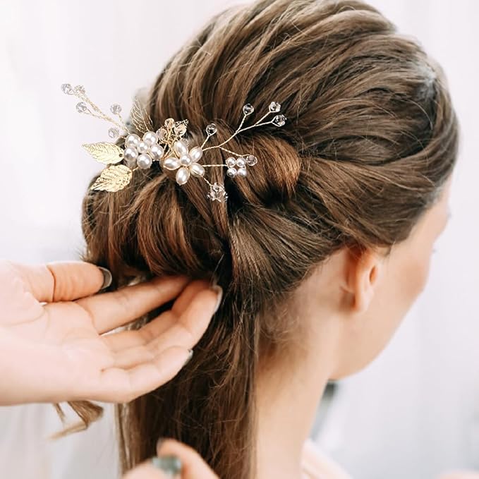 10 Pieces Gold Leaf Bridal Hair Pins, Wedding Headpiece Hair Jewelry with Pearl Rhinestone Wedding Hair Accessories for Bride Bridesmaids Flower Girls(Pearl)
