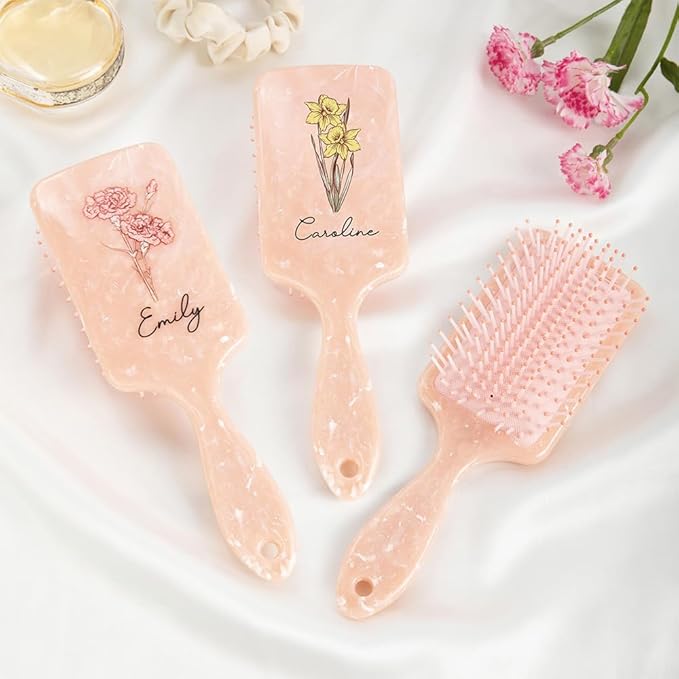 Custom Hair Brushes For Women Personalized Birth Month Flower Name Hair Brush for Curly Hair Detangling Wet Hairbrush Birthday Christmas Gifts For Mother Daughter Grandma