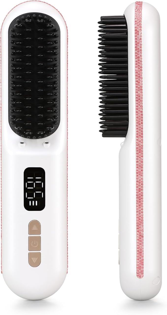 Hair Straightener Brush, Portable Cordless Straightening Brush for Travel, Negative Ion Hot Comb Hair Straightener with 9 Temps for Women, Anti-Scald Ceramic, Fast Charge