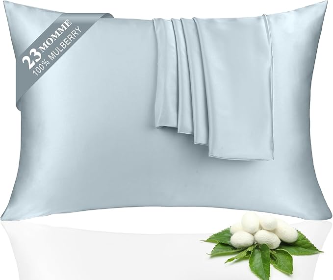 100% Silk Pillowcase 2 Pack for Hair and Skin, Both Sides 23 Momme Grade 6A+ Mulberry Silk Pillowcases with Hidden Zipper, Soft&Smooth Cooling Pillow Cases (Ash Blue, Queen 20×30)