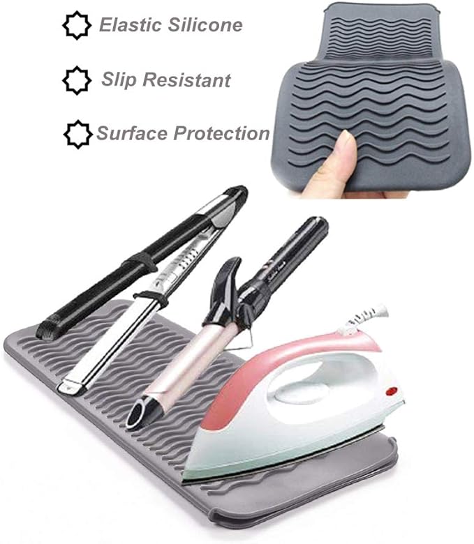 Heat Resistant Silicone Mat Pouch,Hair Styling Tools for Curling Irons, Flat Irons, Hair Straightener， 11.5 * 6 Inches, Food Grade Silicone, Grey