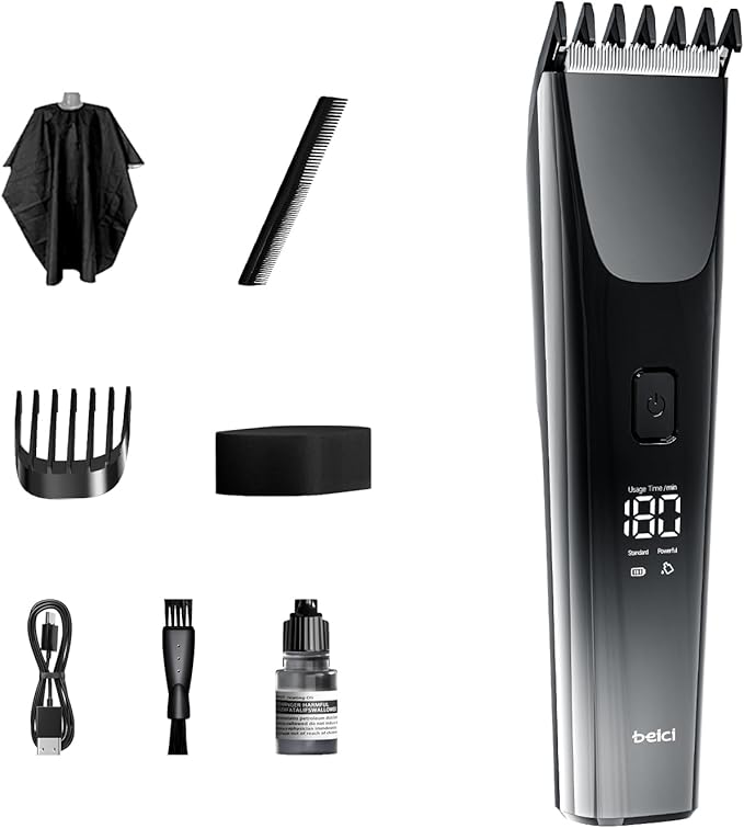 Hair Clippers for Men and Kids Adjustable Length Trimmer Haircut Professional Haircuts Tool Grooming 6 Kit LED Screen Display Fast Charge for Family Black