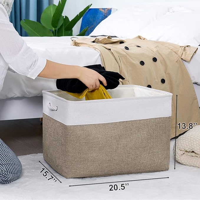 TheWarmHome Organization Basket - 20x16x14 inch Jumbo 3 Pack Collapsible Storage Bins for Shelves, Fabric Storage Cubes for Closet Organizer Gift Toy (White & Khaki)