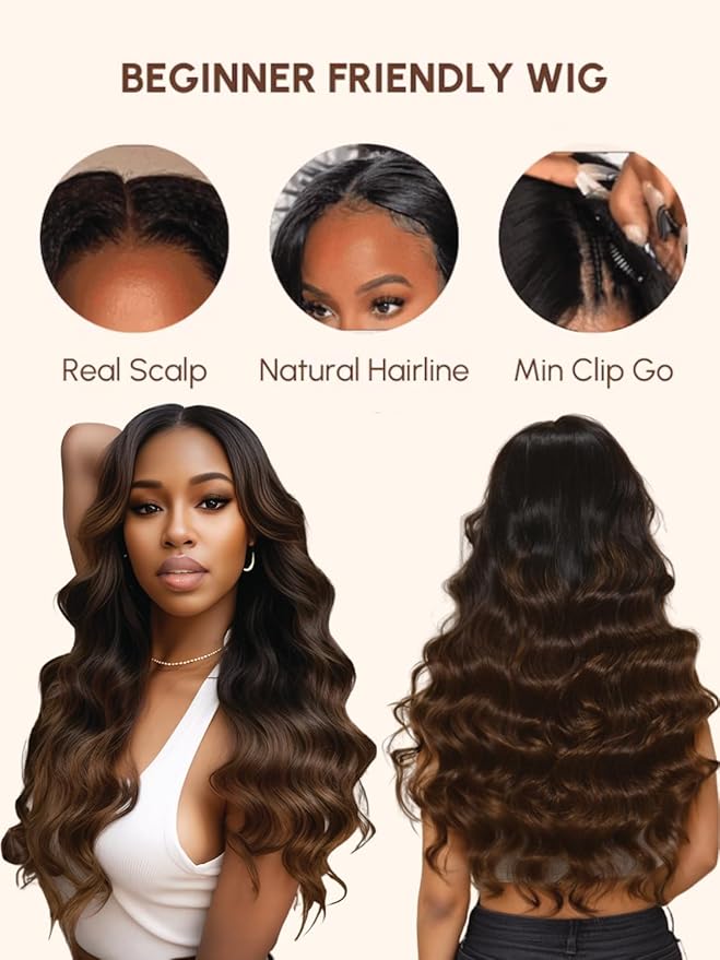 YIROO Human Hair No Leave Out Ombre Chestnut Brown Yaki Straight U Part Wig - Clip-in, Glueless, No Sew Half Wig - 22 inch