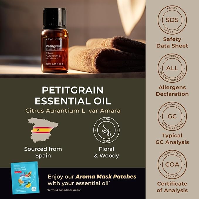 Gya Labs Petitgrain Essential Oil - 0.34 Fl Oz - for Hair, Skin, Diffuser, Aromatherapy & DIY Candle Making Scent