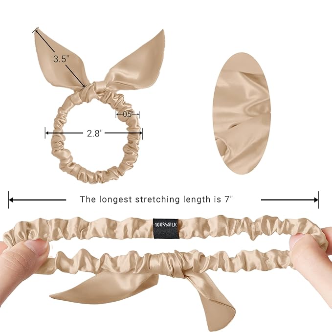 THXSILK Hair Silk Scrunchies with Bow for Women Pure Mulberry Silk Hair Cute Ring Ties Scrunchies for Girls Women's Thick Hair, Champagne, 2.8"