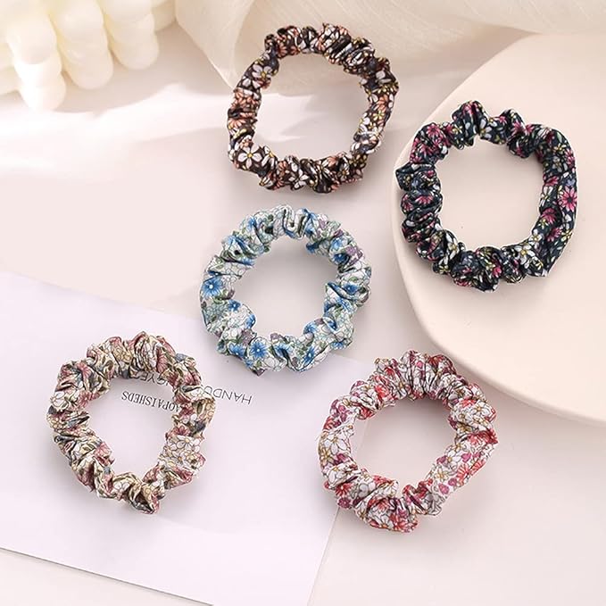 12Pcs Thin Floral Hair Ties, Soft Hair Scrunchies Elastic Hair Bands Floral Solid Ropes Ponytail Holder Stocking Stuffers for Women Girls