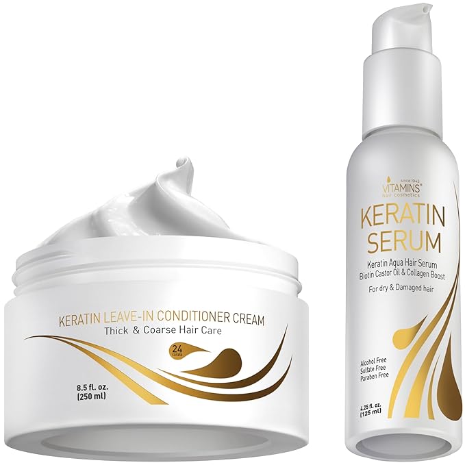 Vitamins Keratin Thick Hair Leave-In Conditioner and Serum Kit - No Rinse Moisturizing Cream and Anti Frizz Gloss Boost for Dry Damaged Curly Wavy and Straight Hair - Pro Salon Hair Care